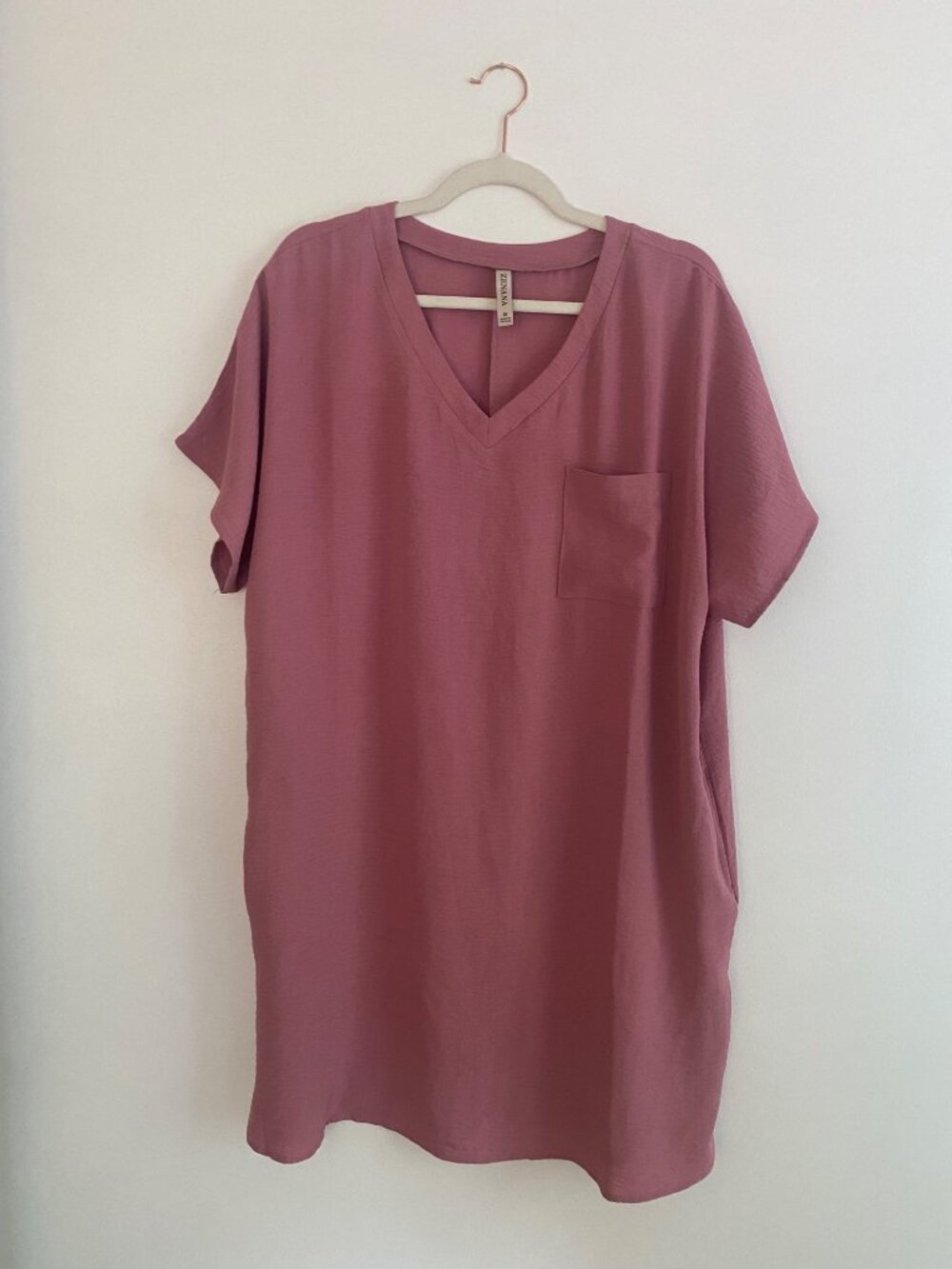 Zenana Mauve V-Neck Short Sleeve Dress With Pockets Size M